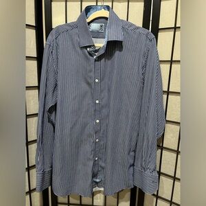 English Laundry MENS Blue and White STRIPE LONG SLEEVE FLIP CUFF Shirt 34/35